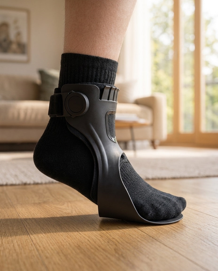 Close-up of the MOTIARA foot drop support brace worn over a sock